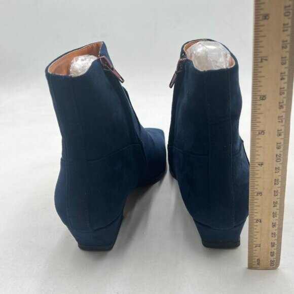 Navy Square Toe Booties Low Chunky Heels Side Zipper Ankle Boots Formal Shoes - Picture 5 of 8